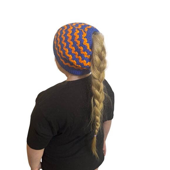 Crochet Blue & Orange Striped Ponytail Beanie Hat Handmade Knit Winter Cap - Picture 3 of 5
